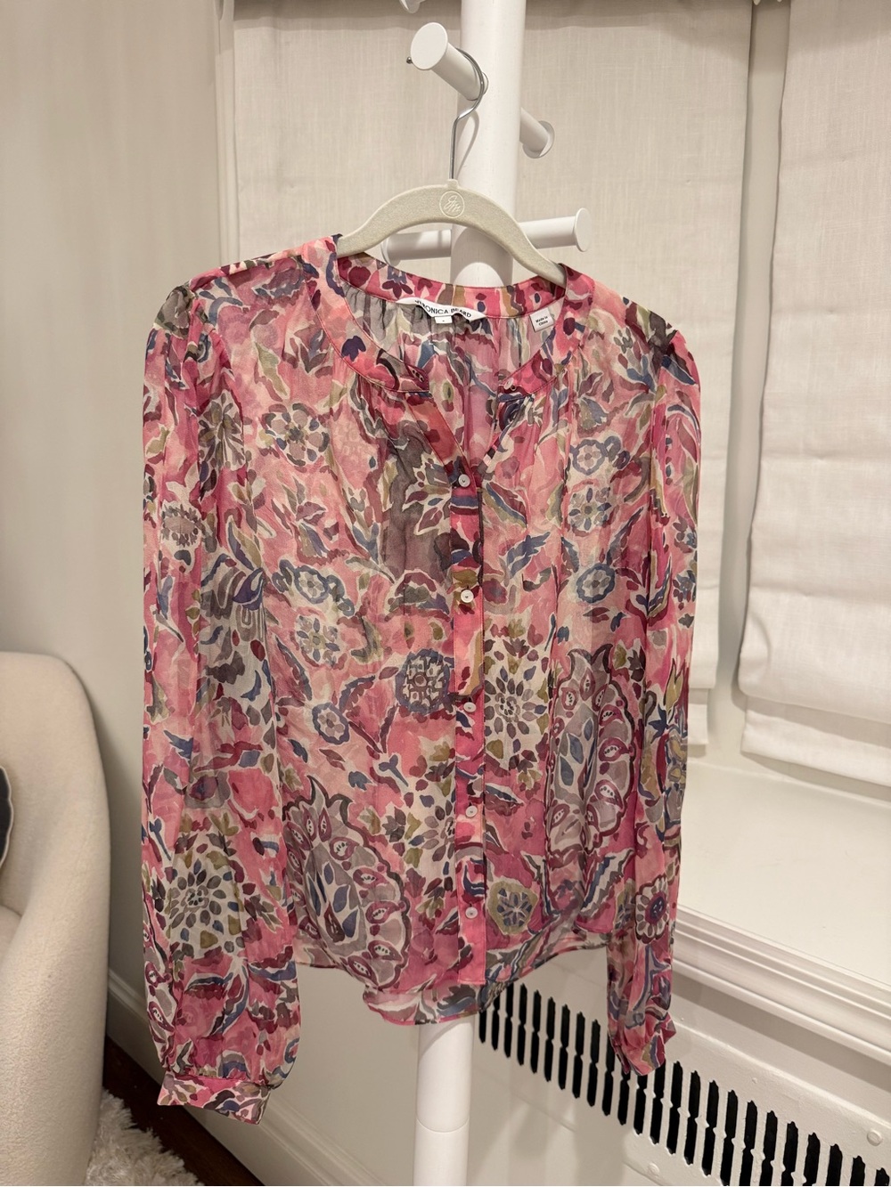 Veronica Beard Pink Floral Sheer Button Blouse